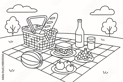 Outdoor Picnic Illustration picnic setup with blanket basket food drinks and space for text for seasonal blogs ads and lifestyle posts.