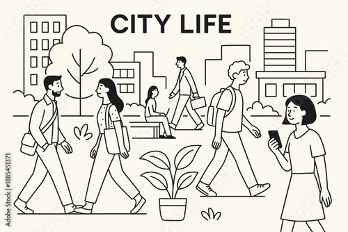 City Life Illustration Urban scene with people walking buildings plants and text space for lifestyle posts ads and social headers.