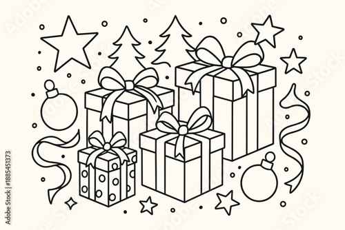 Holiday Gift Set Holiday scene with gift boxes stars ornaments and ribbons for seasonal posters cards and announcements.