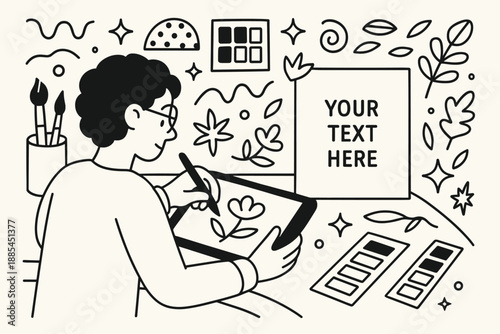 Creative Workspace Illustration Artist workspace with person drawing on tablet brushes color swatches and decorative shapes with text area for blogs and ads.