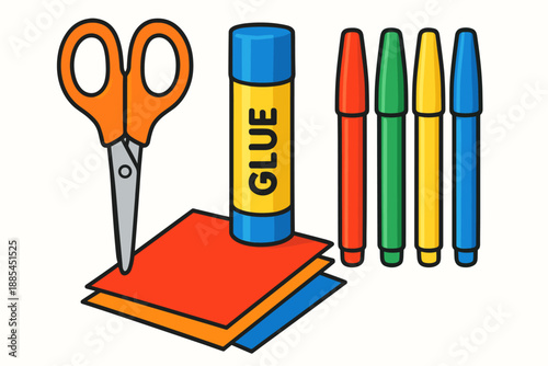 Isolated Craft Tools Isolated bright craft tools including scissors glue stick colored paper and markers for DIY blogs and branding.