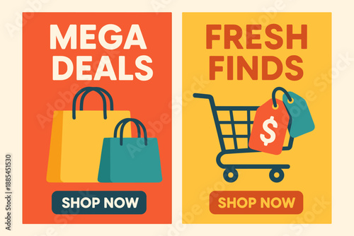 Shopping Day Vertical Banners Two side by side vertical banners with Mega Deals featuring bags and Fresh Finds featuring cart and price tags.