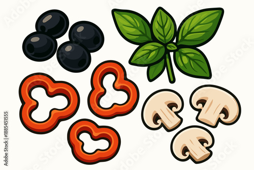 Isolated Pizza Toppings Isolated bright pizza toppings including olives basil pepper slices and mushrooms for menus and packaging.