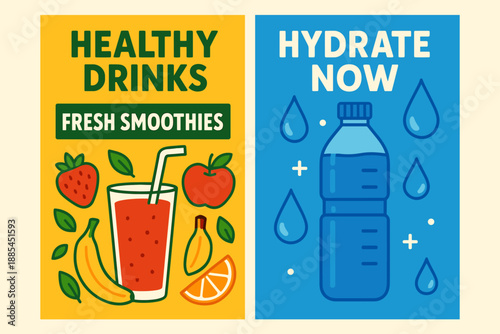 Healthy Drinks Vertical Banners Two side by side vertical banners with Fresh Smoothies featuring fruit and Hydrate Now featuring water bottle icons.