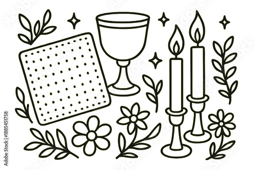Passover Holiday Set Matzah wine cup candles stars and floral accents arranged for holiday cards.