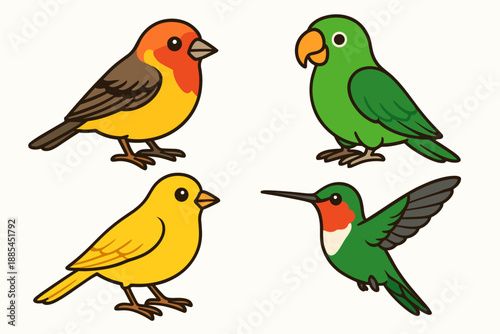 Isolated Cute Birds Isolated bright birds like finch parrot canary and hummingbird for stickers branding and decorative packaging.