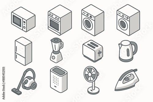 Home Appliances Isometric Icons Home appliances isometric icon set with microwave icon oven icon washing machine icon dryer icon refrigerator icon blender icon toaster icon kettle icon.