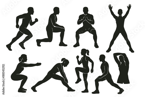 Workout Poses Silhouette Set Silhouette set of athletic figures in dynamic workout poses running forward doing lunges squats jumping jacks and stretching simple strong body shapes side and.