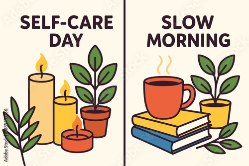 Dual Self Care Vertical Banners Two side by side vertical banners with phrases Self Care Day with candles and plants and Slow Morning with tea and books.