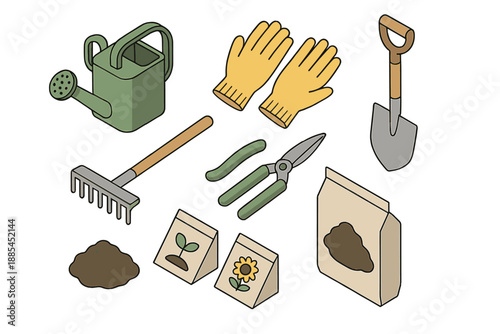 Isometric Garden Tools Set Isometric garden tools icon set featuring watering can gloves shovel rake pruning shears seed packets and soil bag for landing pages and instructional graphics.