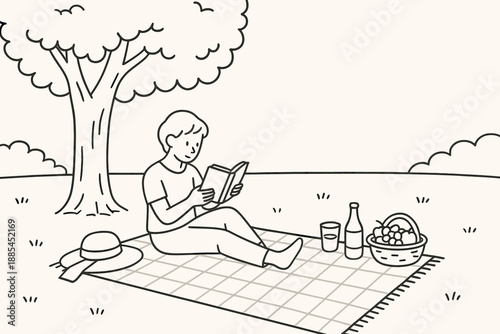 Outdoor Reading Illustration Person reading book under tree with picnic mat sun hat gentle decor and clear text space for lifestyle posts.