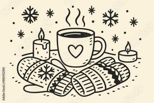 Winter Cozy Scene Winter warm scene with mittens hot drink snowflakes and candles for seasonal cards posts and stationery.