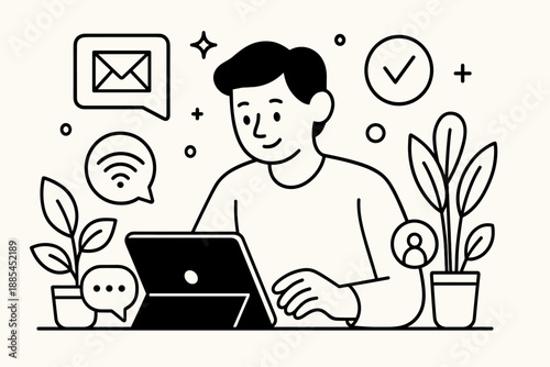 Freelancer Illustration Person working remotely at tablet with icons plants and decorative shapes around for blog headers and ads.