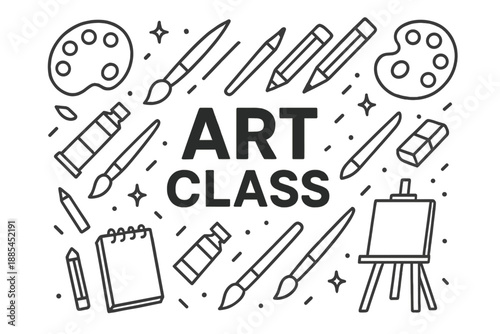 Art Class Poster Icons Creative heading with surrounding icons like brushes palettes tubes pencils erasers sketchbooks and easels.