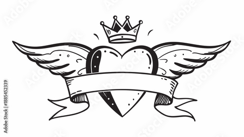 Hand-drawn Rebellious Vintage Tattoo Art illustration of a majestic winged heart and crown with a customizable blank banner