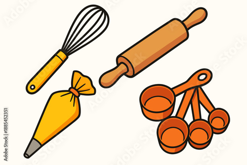 Isolated Bakery Tools Isolated bright baking tools like whisk rolling pin pastry bag and measuring cups for recipe blogs and packaging.