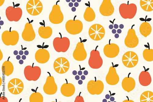 Minimal Fruit Pattern Repeating minimal apples pears grapes and citrus shapes for packaging fabrics and modern stationery.