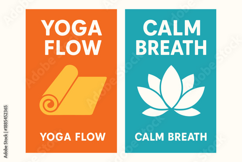 Yoga Vertical Banners Two side by side vertical banners with Yoga Flow featuring mat and Calm Breath featuring lotus symbol.