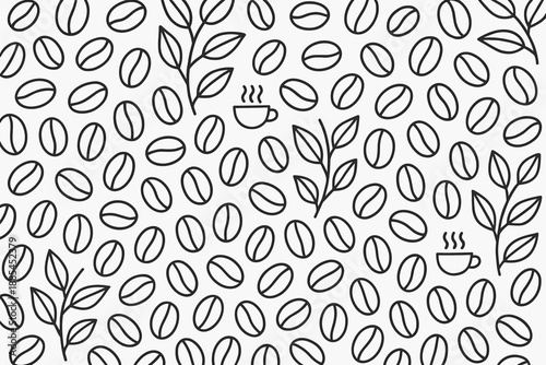 Coffee Bean Pattern Repeating coffee beans branches leaves and small cup outlines for packaging and cafe branding.