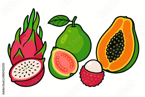 Isolated Exotic Fruits Isolated bright exotic fruits like dragonfruit guava lychee and papaya for packaging and menu designs.
