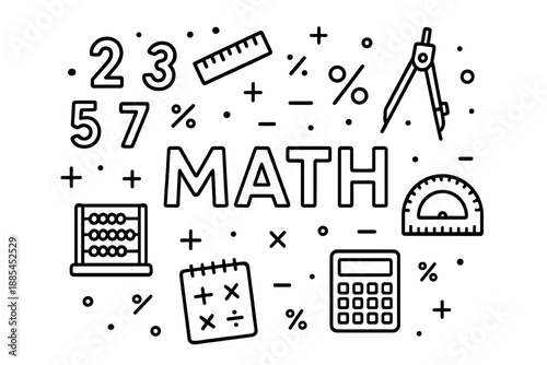 STEM Poster Icons Main STEM title with icons of beakers gears rulers molecules magnets calculators and books.