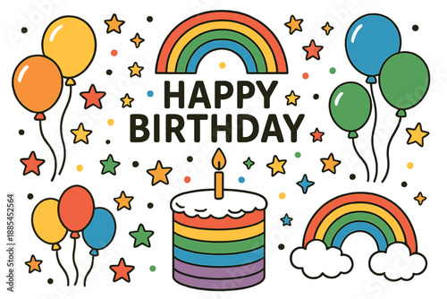 Birthday Rainbow Set Rainbow cake balloons stars and soft decorations for cheerful birthday cards.