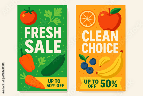 Healthy Sale Vertical Banners Two banners with Fresh Sale featuring veggies and Clean Choice featuring fruits.