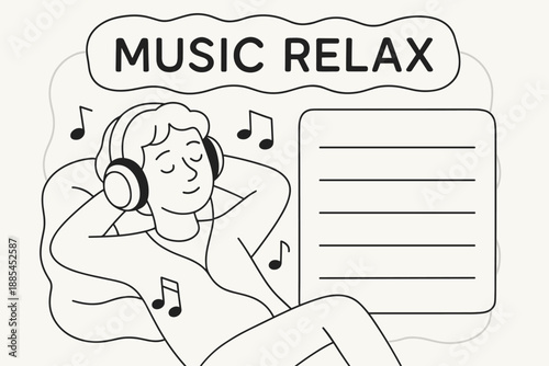 Music Relax Illustration Person relaxing with headphones soft shapes notes and text area for playlists or podcasts.