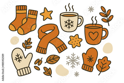 Cozy Winter Graphics Socks mugs scarves stars cookies mittens leaves cocoa snowflakes and soft shapes for seasonal work.