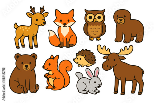 Bright flat woodland animals such as deer fox owl bear squirrel hedgehog rabbit and moose for kids products.