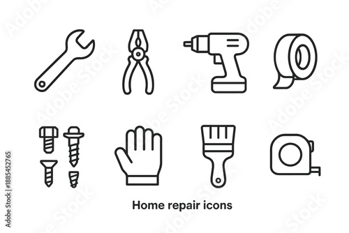 Home repair icons including wrench pliers drill tape bolts screws glove brush and tape measure for apps and tool dashboards.