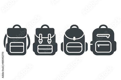 Four style backpack depiction in solid glyph outline minimal flat color and cartoon shading.