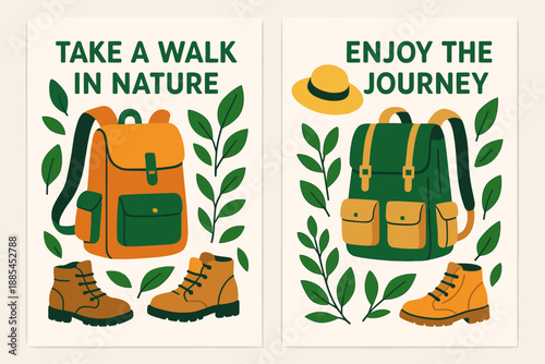 Two A4 vertical banners themed around nature walks with backpacks leaves boots sun hats and gentle quotes.