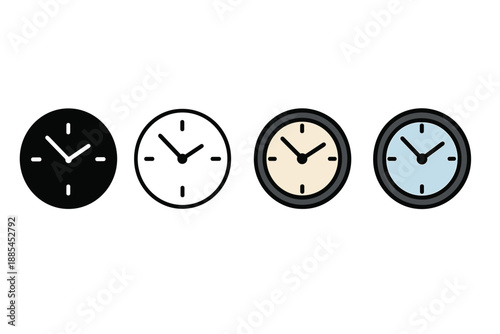 Four style clock rendering in solid glyph outline minimal flat color and cartoon shading for dashboards.