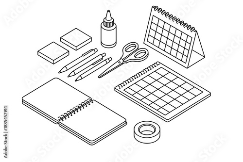 Isometric stationery desk with notebook sticky notes pens scissors glue tape calendar and planner for dashboards.