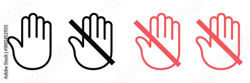 No touching set icons, flat and linear vector style, collection of warning and prohibition symbols isolated on white background for workplace safety, public health signage