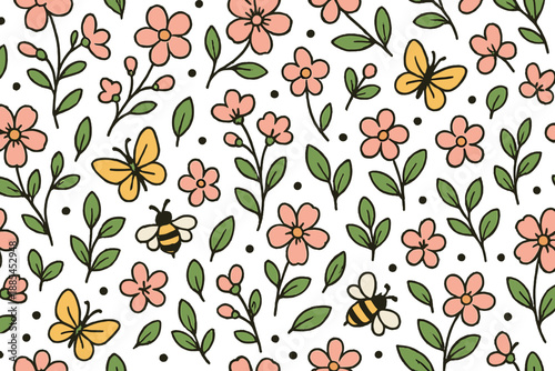 Pattern of spring garden elements including blossoms stems butterflies dots leaves and bees for fabrics.