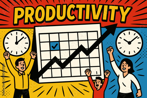 Comic productivity banner with giant calendar oversized checkmarks arrows clocks and tiny people cheering progress.
