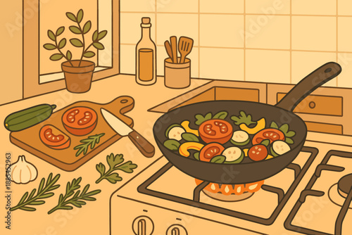 Illustration of weekend cooking scene with pan veggies herbs cutting board and warm home kitchen mood.
