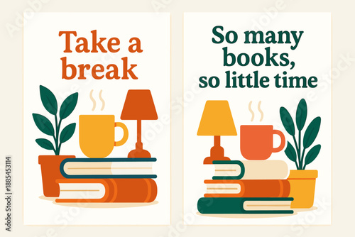 Two vertical A4 banners featuring cozy reading themes with mugs books lamps plants and uplifting phrases.