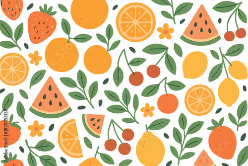 Pattern with fruits leaves seeds flowers slices and soft organic accents for wrapping and textiles.