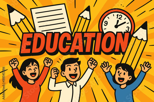 STEM Kids Comic Banner Large phrase with giant lab tools gears circuits and tiny kids experimenting.