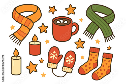Holiday cozy mix with scarves cocoa cookies mittens stars candles socks and warm seasonal icons.