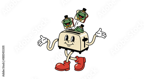 Retro 30s rubber hose cartoon style toaster mascot character walking with happy frogs wearing top hats.