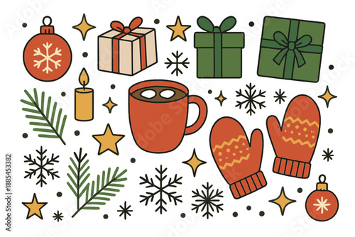 Holiday new year mix including ornaments stars snowflakes gifts sparkles candles cocoa mittens and pine for seasonal art.