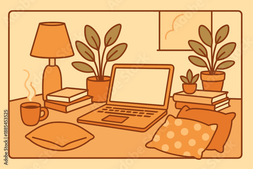 Illustration of cozy home study zone with laptop books cushions plants lamp cup and warm palette for blogs.