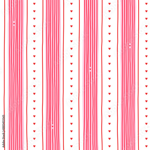 Small hearts and stripes hand drawn pattern. Cute small hearts lines and wavy stripes girly print