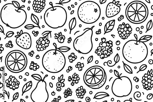 Pattern composed of fruits like apples oranges berries pears leaves seeds curls and slices for packaging.