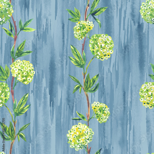 Seamless pattern of viburnum or hydrangea flowers on a blue background, watercolor print for fabric and various surfaces