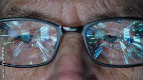 Eyes of Man in Glasses Looking at Computer Screen with Glowing Video of Internet Simulation. Concentrated Sight of Addictive Person Spending Time Online and Staring at Moving Image. Macro Shot View